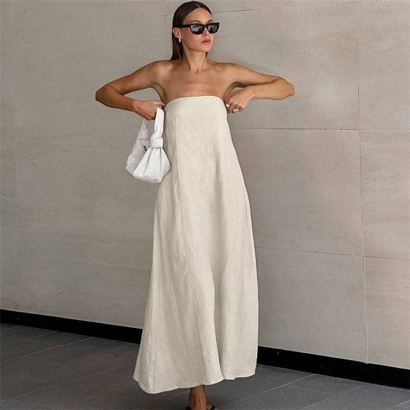 Khaki Casual Strapless Maxi Dress