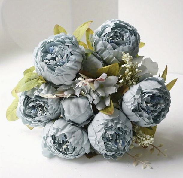 Blue Peony Flowers Bouquet - Vibrant Purple Fabric Blooms with Lush Green Leaves