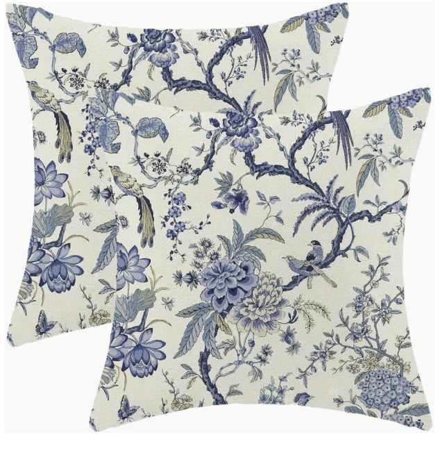 Blue Floral Birds Pillow 18 x 18 Inch
