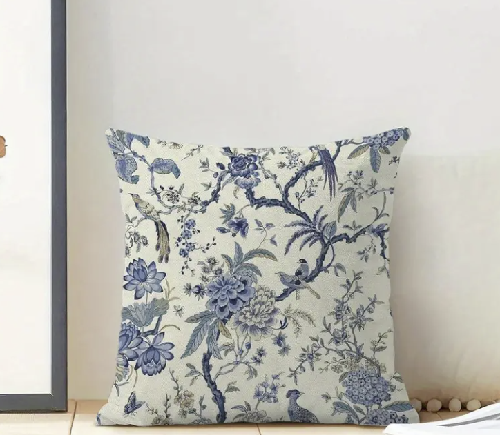 Blue Floral Birds Pillow 18 x 18 Inch