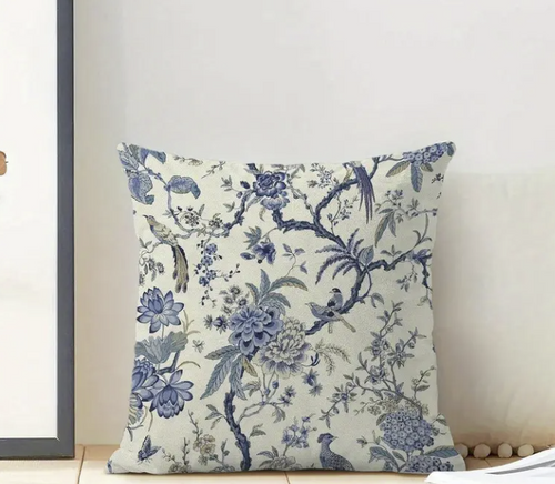 Blue Floral Birds Pillow 18 x 18 Inch