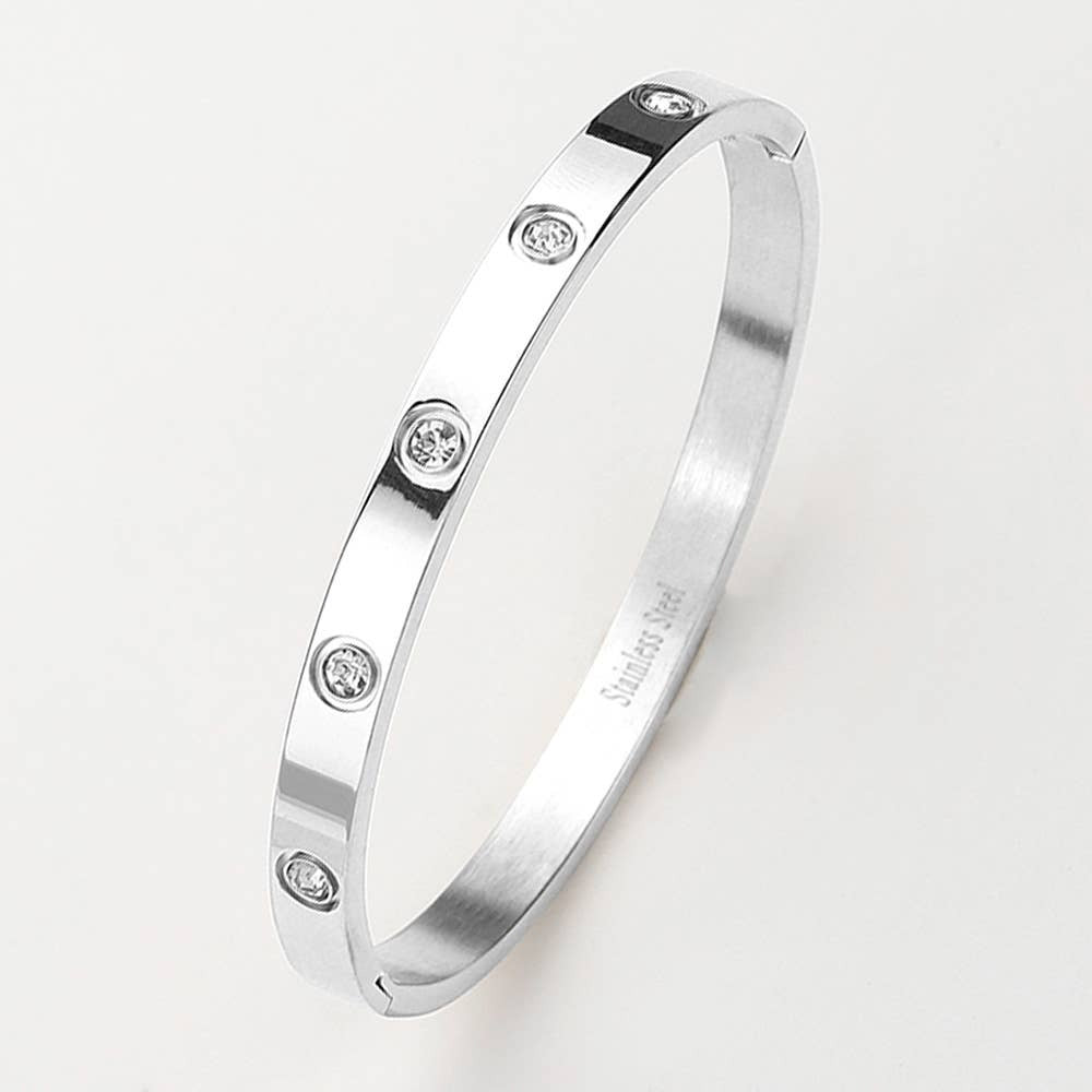 Stainless Steel Crystal Embellished Bangle Bracelet: Silver