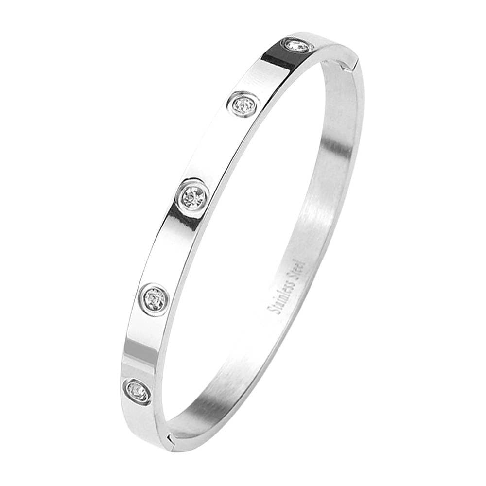 Stainless Steel Crystal Embellished Bangle Bracelet: Silver