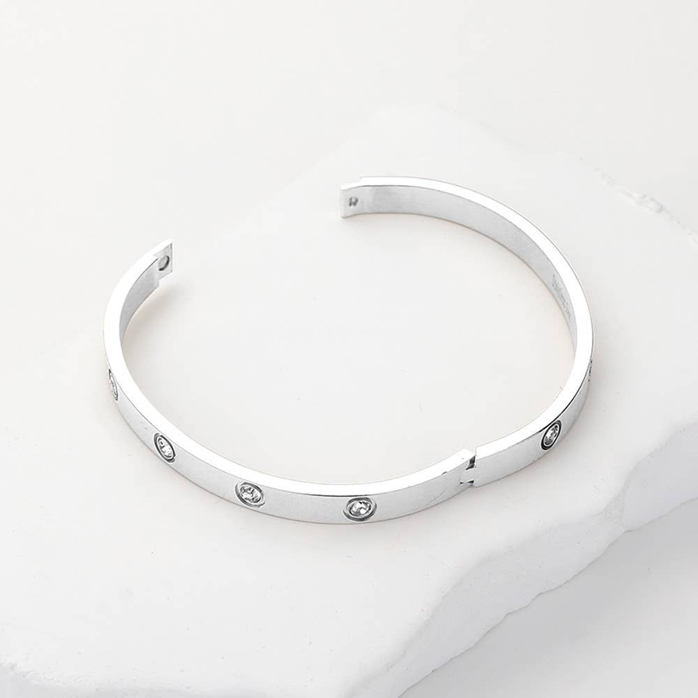 Stainless Steel Crystal Embellished Bangle Bracelet: Silver