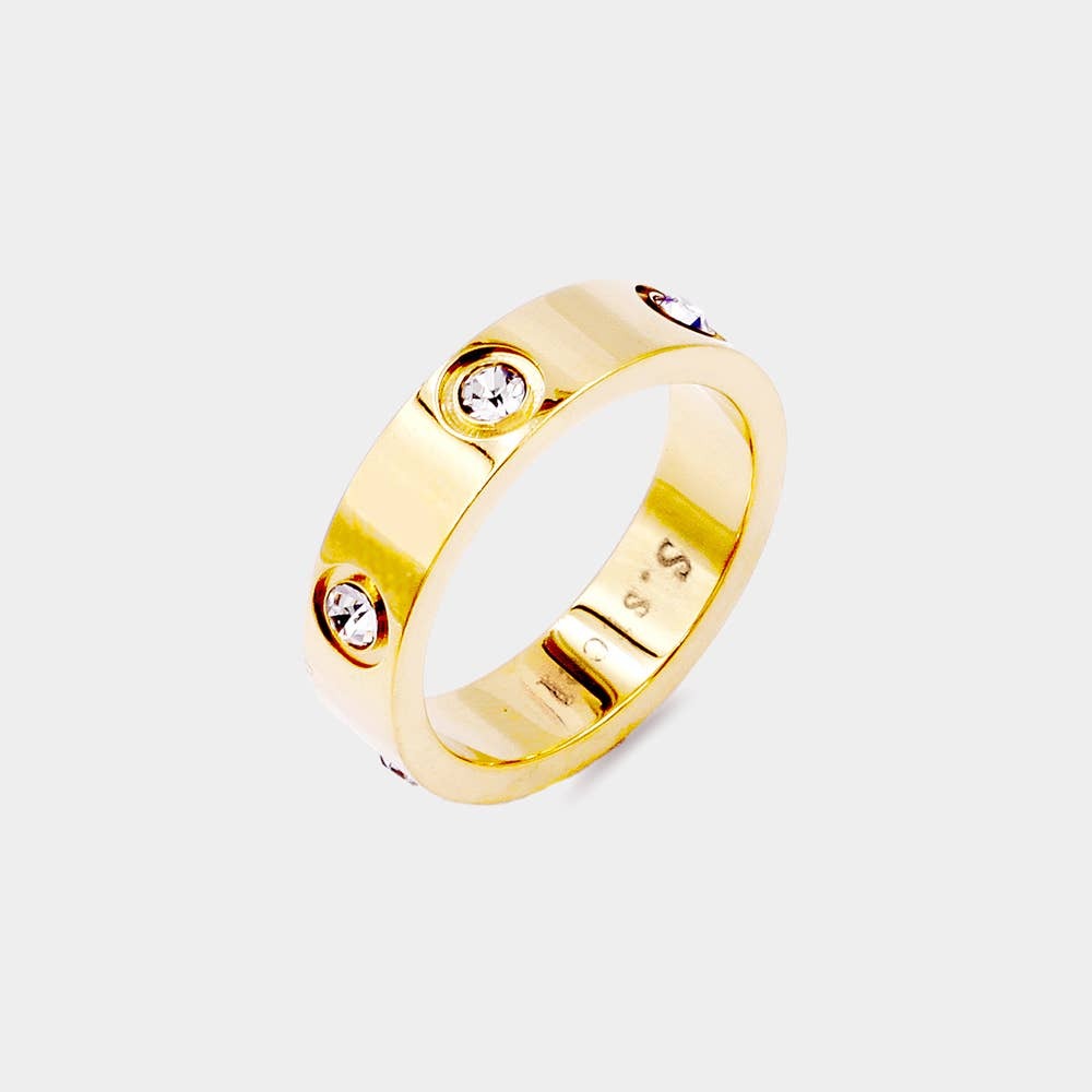 Stone Embellished Stainless Steel Band Ring: Gold | Size 9