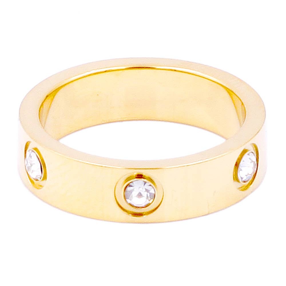 Stone Embellished Stainless Steel Band Ring: Gold