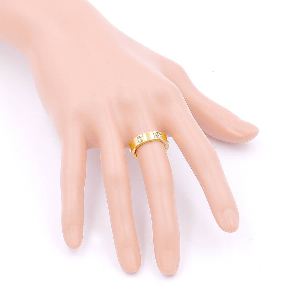 Stone Embellished Stainless Steel Band Ring: Gold