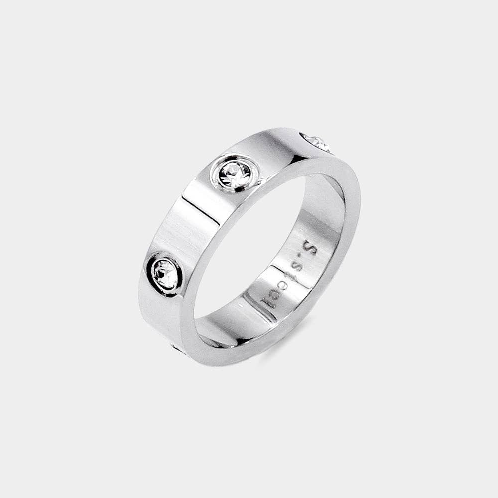 Stone Embellished Stainless Steel Band Ring: Silver | Size 9