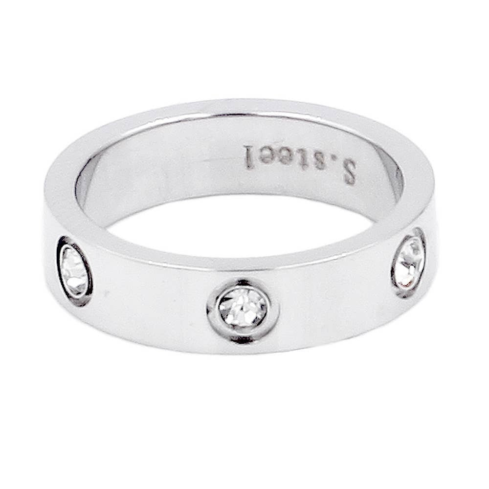 Stone Embellished Stainless Steel Band Ring: Silver