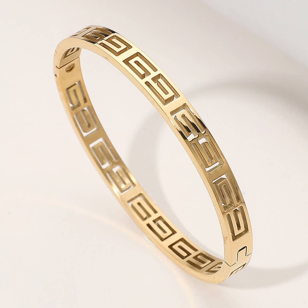 Stainless Steel Geometric Cutout Hinged Bangle Bracelet: Yellow Gold