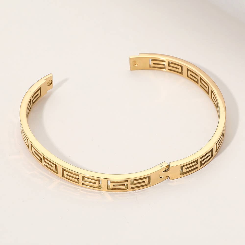 Stainless Steel Geometric Cutout Hinged Bangle Bracelet: Yellow Gold