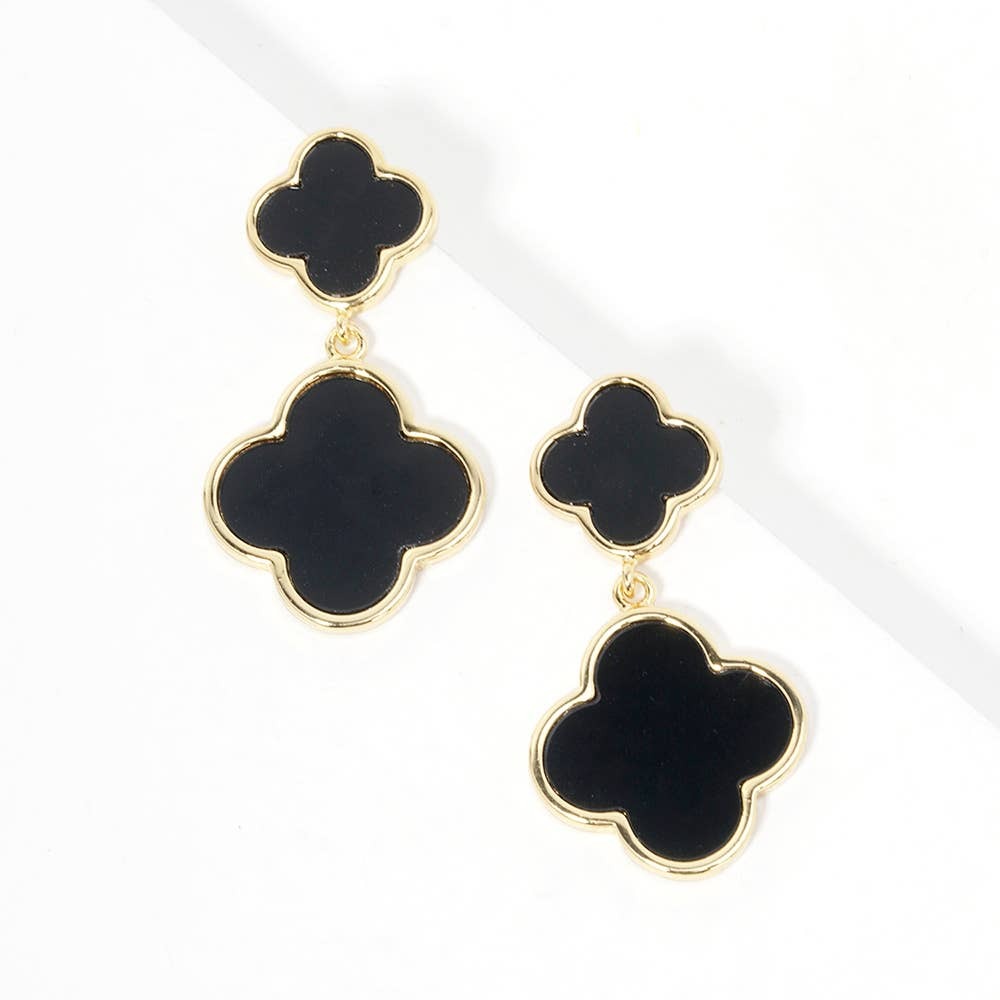 Silver Dipped Double Quatrefoil Link Dangle Earrings | Black