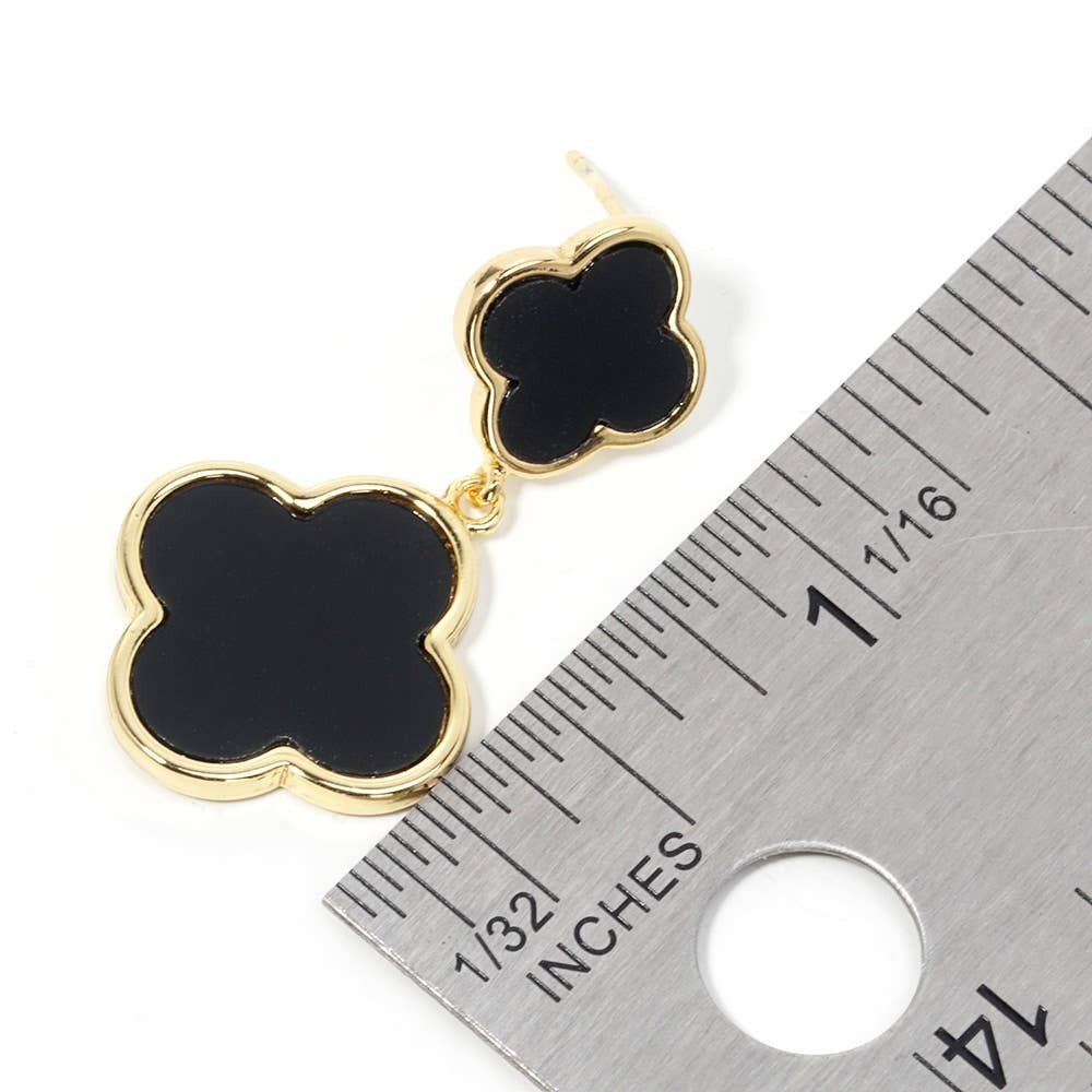 Silver Dipped Double Quatrefoil Link Dangle Earrings | Black