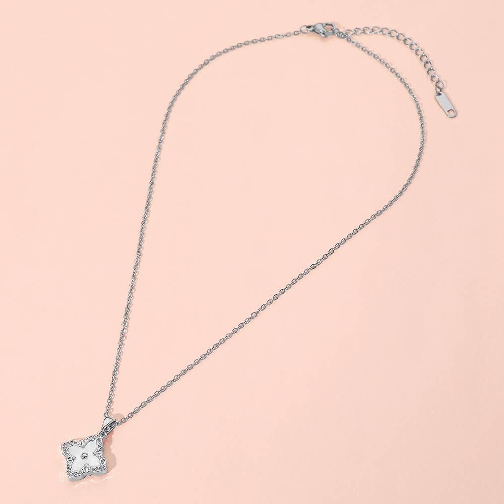 Reversible Stainless Steel Mother of Pearl Clover Necklace: Silver
