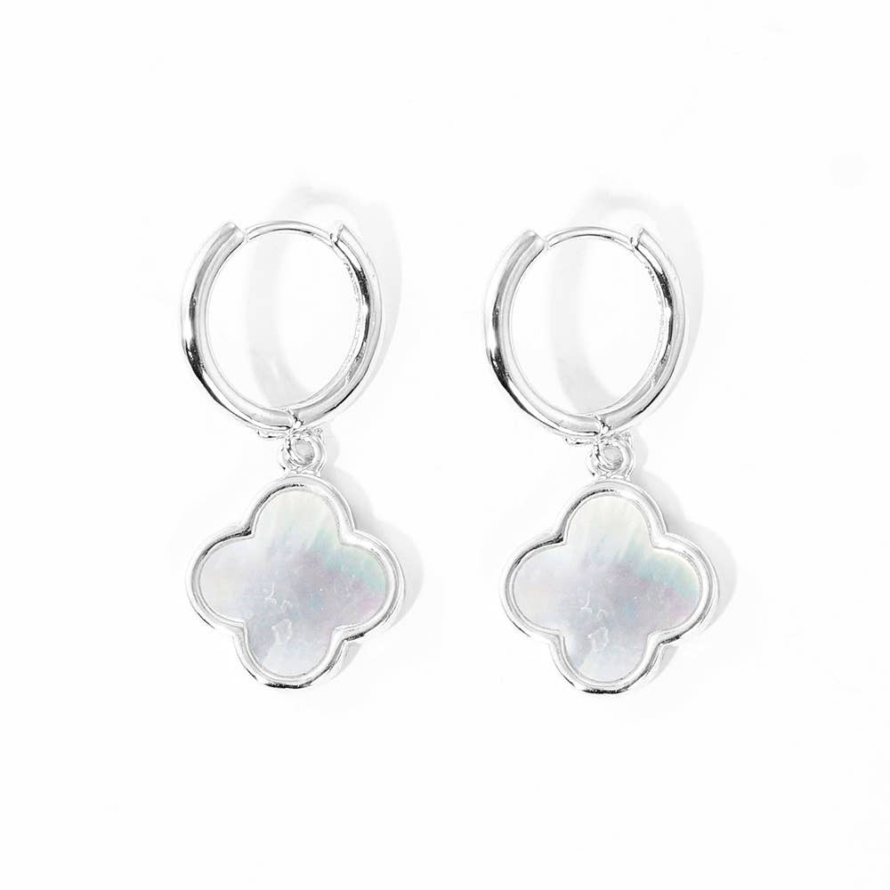 Gold Dipped Quatrefoil Link Dangle Huggie Hoop Earrings: Silver