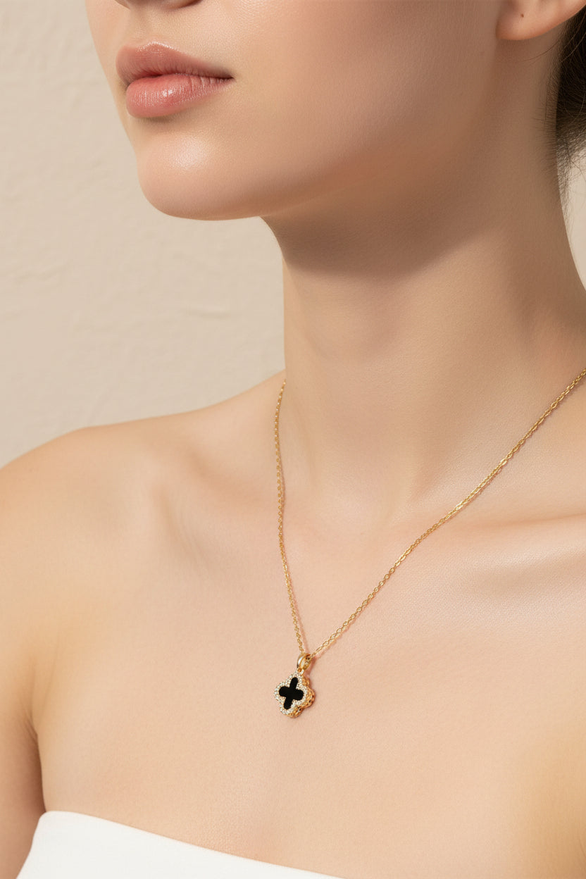 Reversible Stainless Steel Quatrefoil Pendant Necklace | GOLD BLACK