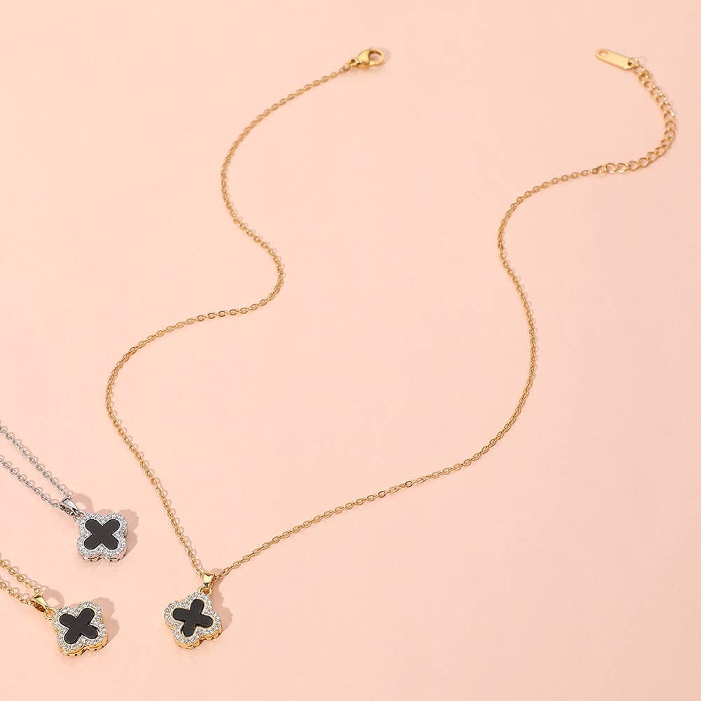 Reversible Stainless Steel Quatrefoil Pendant Necklace | GOLD BLACK