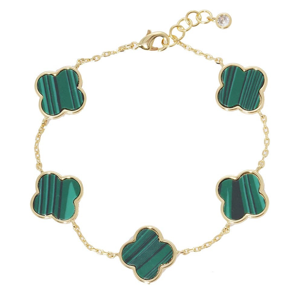 Gold Dipped Quatrefoil Charm Link Bracelet: Green
