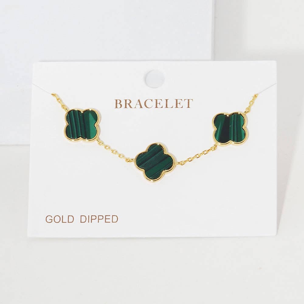 Gold Dipped Quatrefoil Charm Link Bracelet: Green