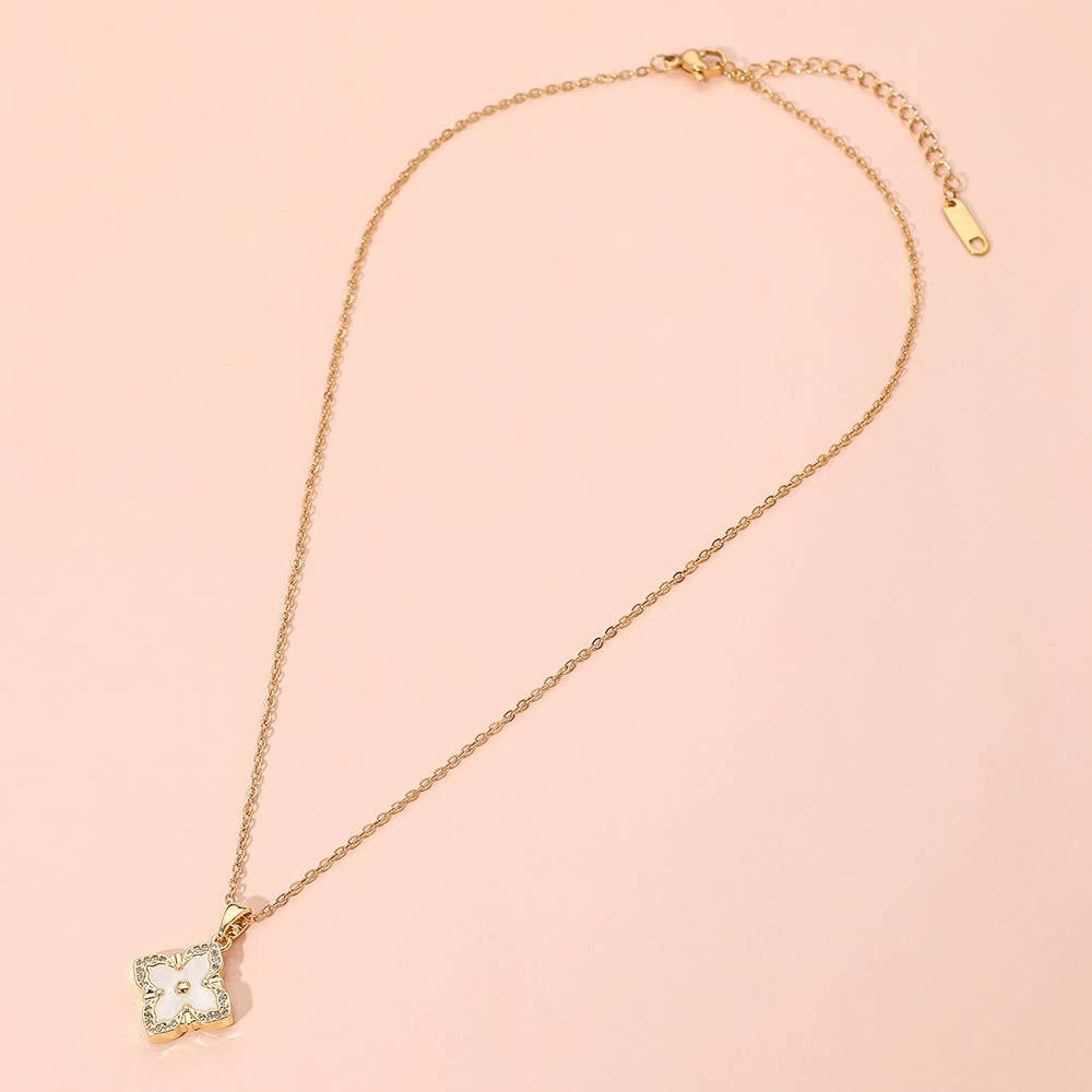 Reversible Stainless Steel Mother of Pearl Clover Necklace: Yellow Gold