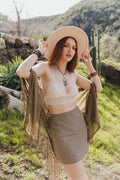 Olive Bohemian Fringe Tassel Kimono with Crochet Medallion