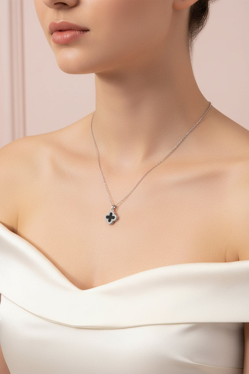Reversible Stainless Steel Quatrefoil Pendant Necklace: SILVER BLACK