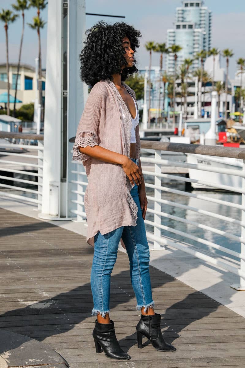 Lace Trim Kimono | Mocha