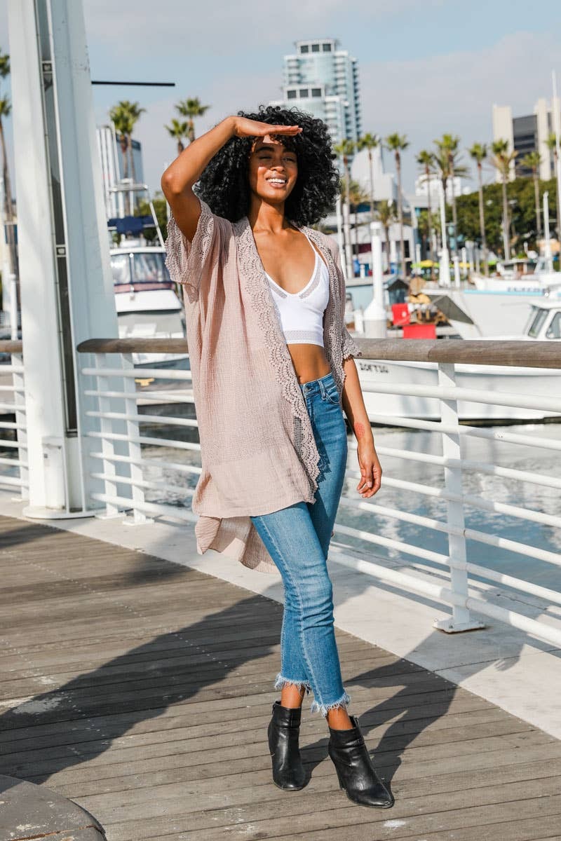 Lace Trim Kimono | Mocha
