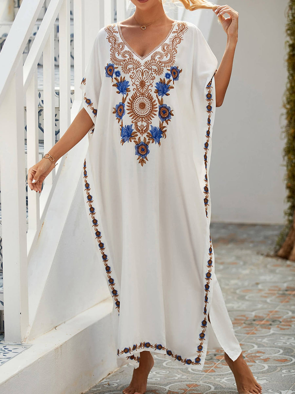 Embroidered Beach Long Cover Up | White One Size