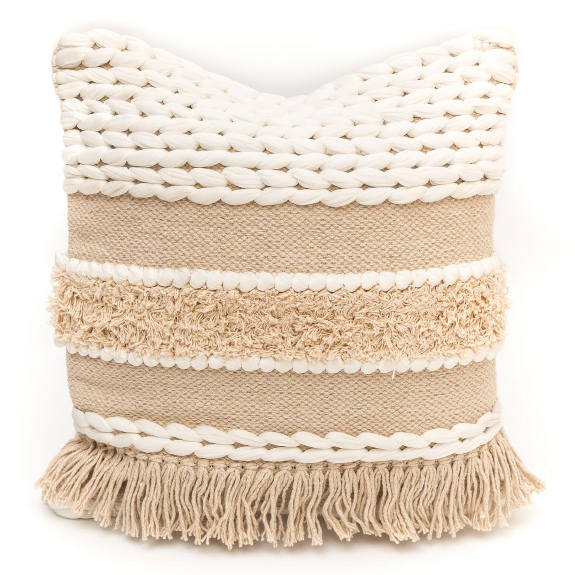 Rustic Rug Fringes Beige Cotton 20" X 20" Pillow Cover