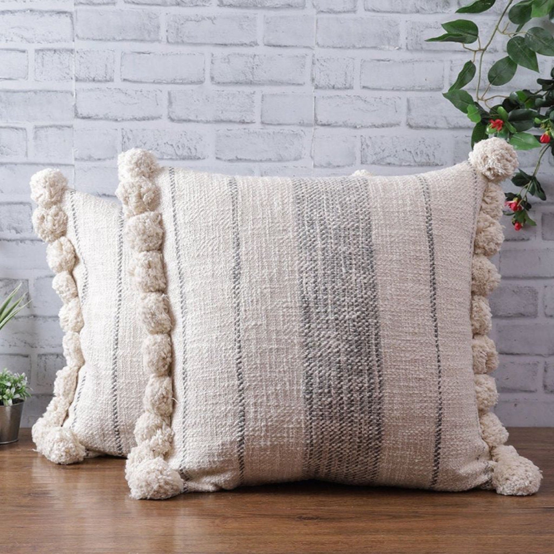 Ivory and Gray Cotton and Wool 20”x20” Pillow