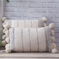 Off White and Gray Cotton 12”x20” Pillow with Pom Poms