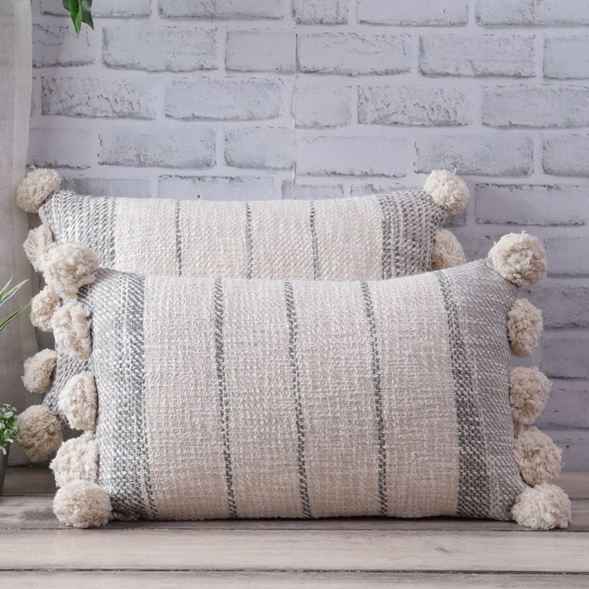 Off White and Gray Cotton 12”x20” Pillow with Pom Poms
