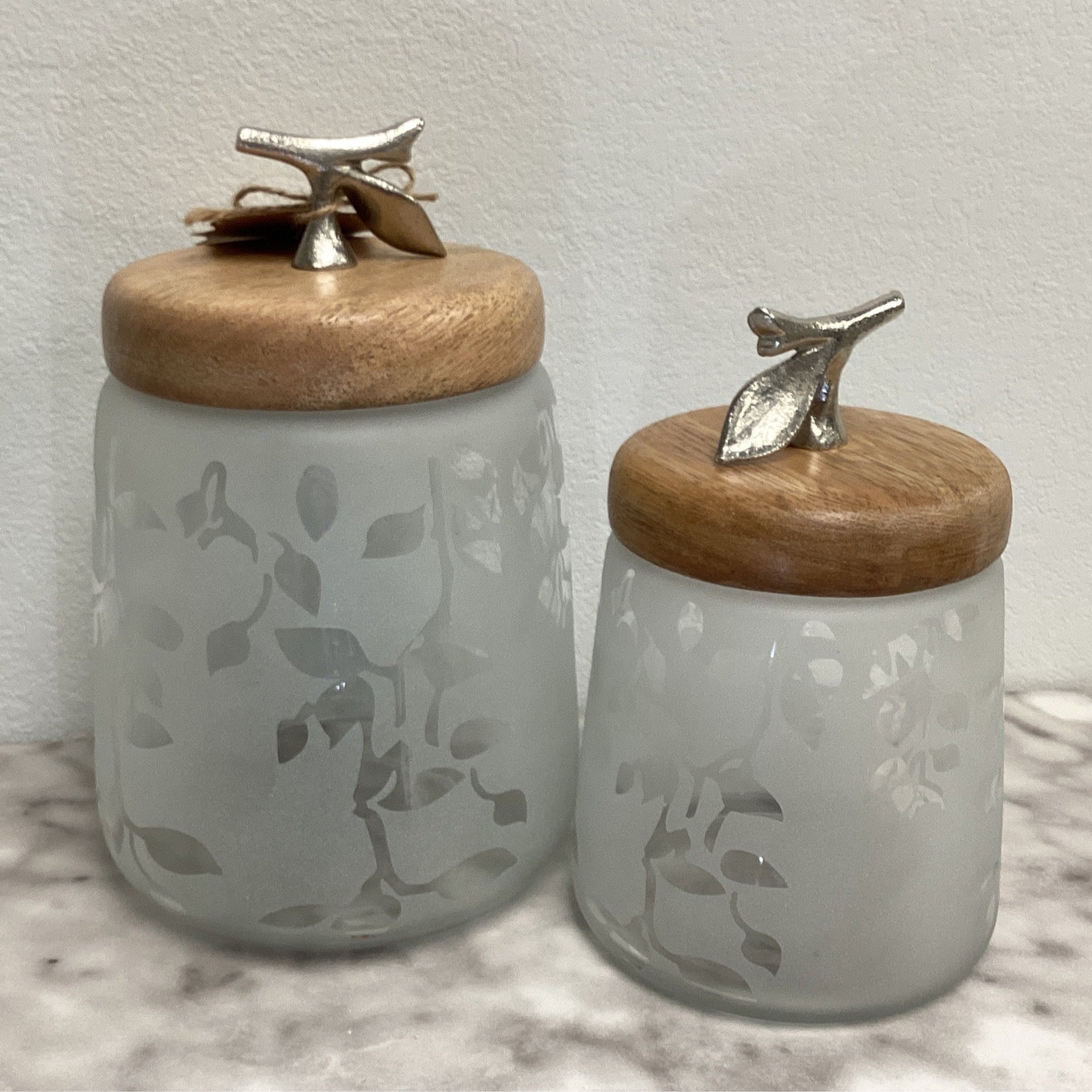 Twiggy Frosted Glass Jars with Wooden Lids 2pc set