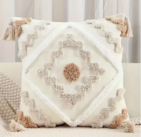 Tufted Boho Beige 16x16" Throw Pillow