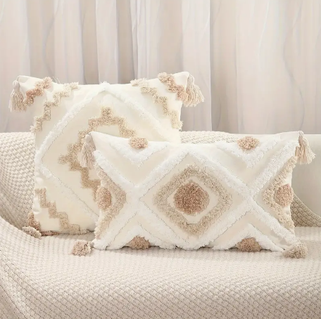Tufted Boho Beige 16x16" Throw Pillow