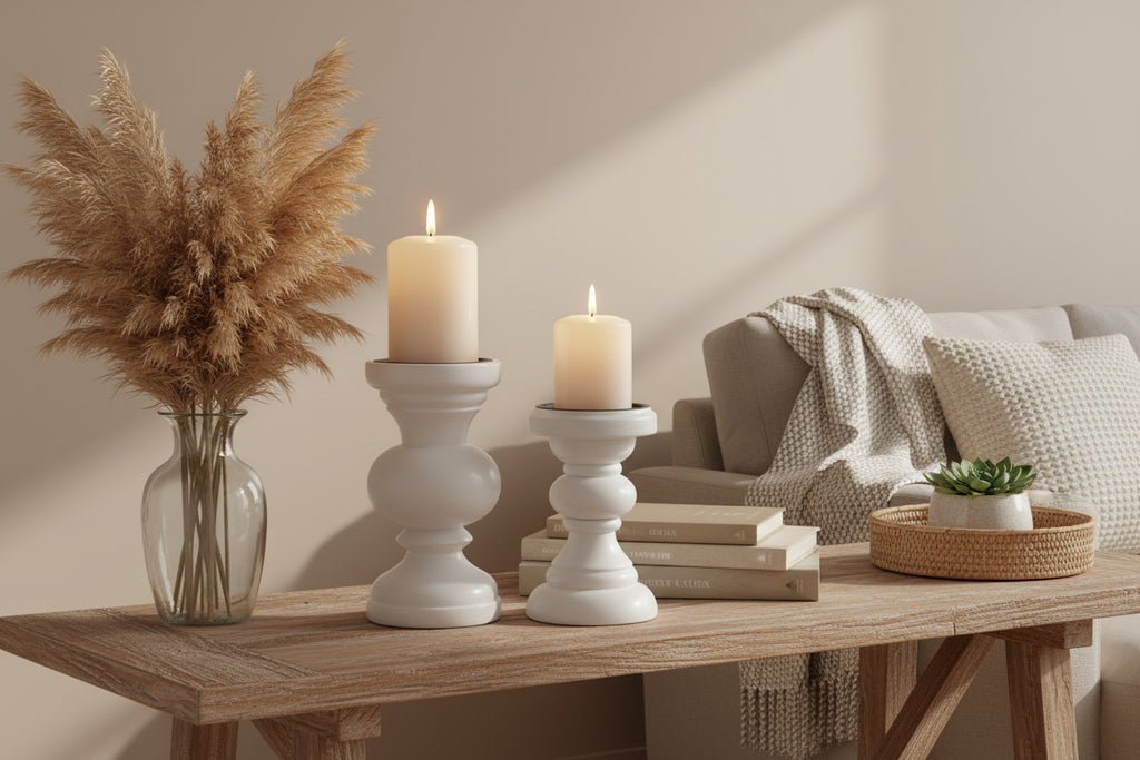 Wooden White Candle Stands 2pc set