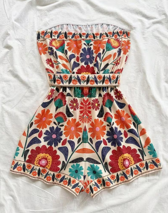 Colorful Folk Floral Print Short Romper