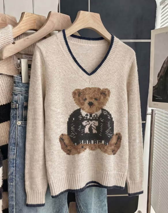 Women's Vintage Bear V-Neck Slouchy Sweater