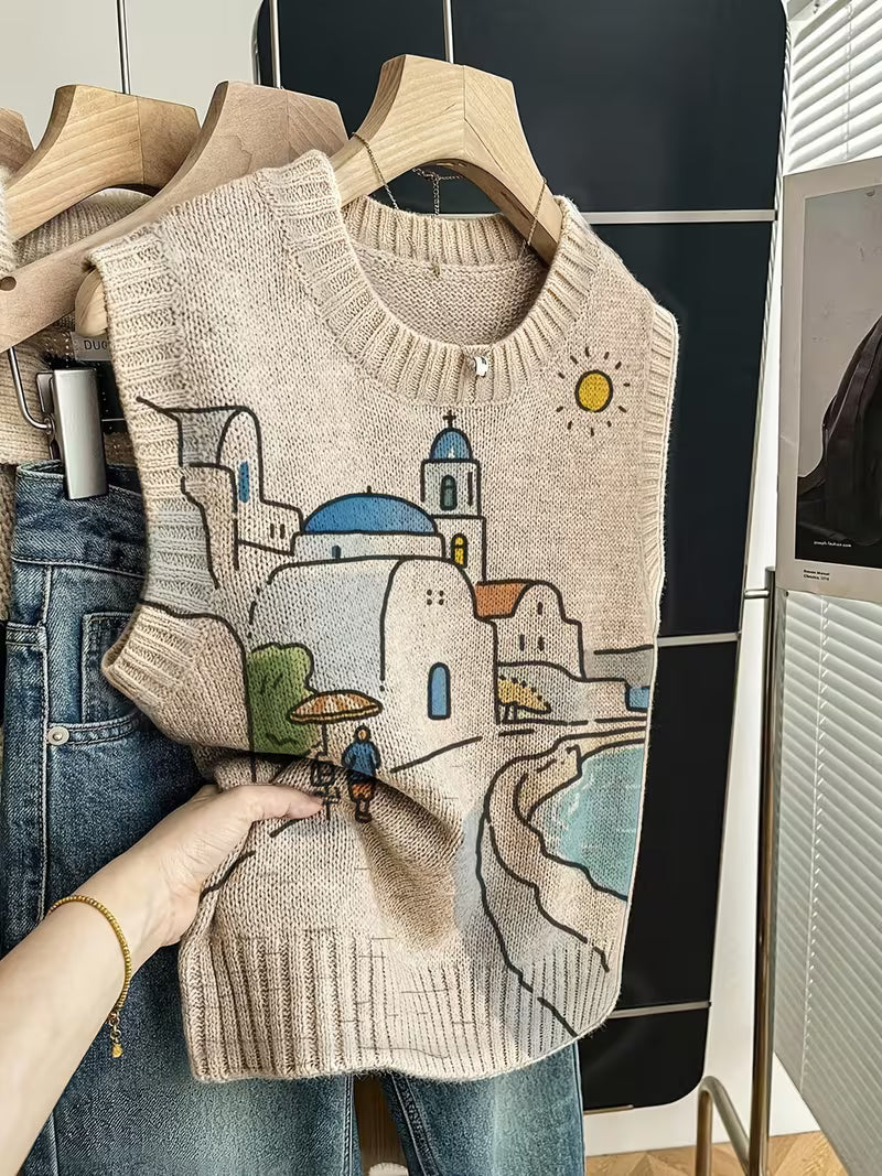 Women's Round Neck Tank Sweater – Elegant Bohemian Knit Pullover