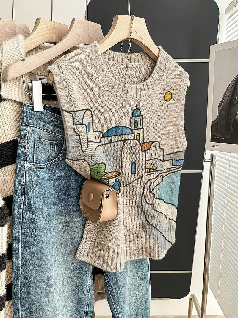 Women's Round Neck Tank Sweater – Elegant Bohemian Knit Pullover